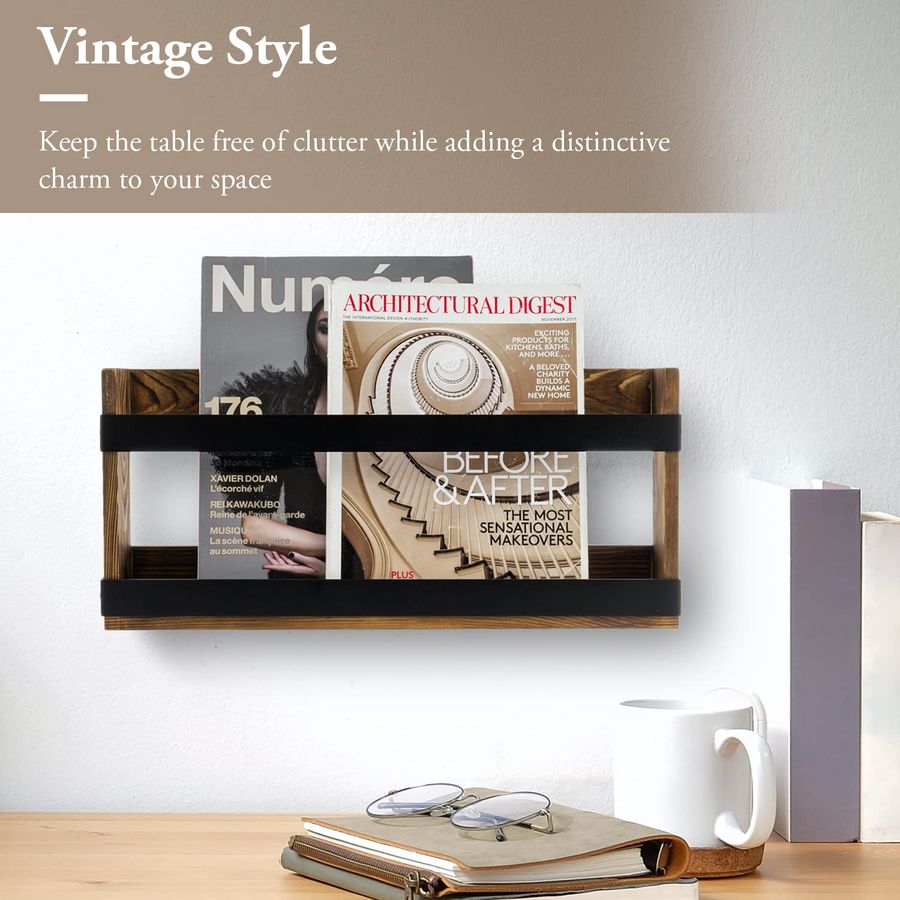 Rustic Burnt Solid Wood and In - Magazine Holder Rack บทวิจารณ์และราคา